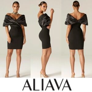 ALIEVA MARIBEL BLACK CREPE RUFFLE SHOULDER BODY-CON MINI DRESS **$335 NWT**